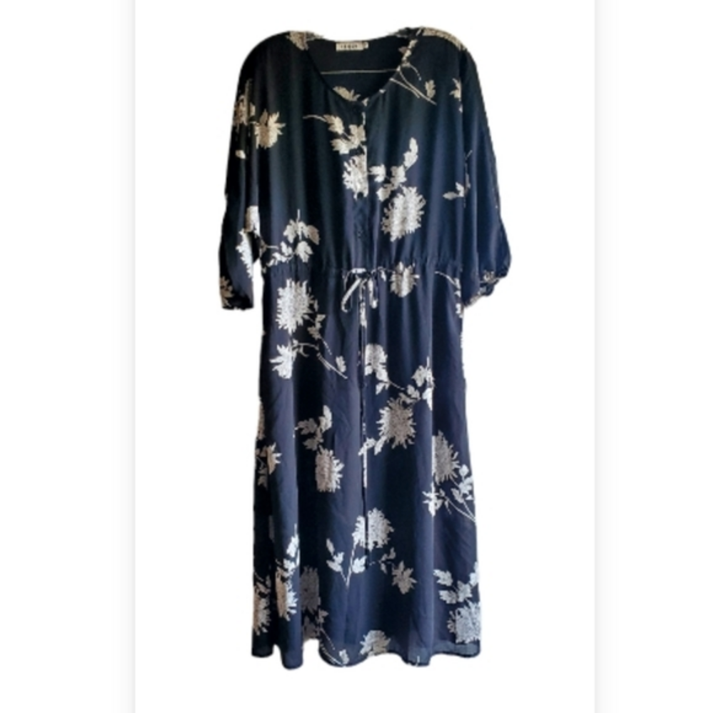Farrow Black Floral‎ Tie Waist Slightly Sheer Midi Dress Small NWOT